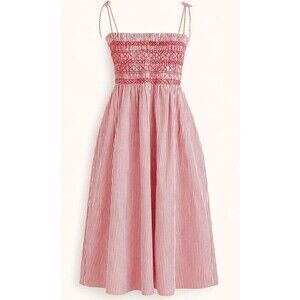 J.Crew Paloma Dress 2X NWT Red White Stripe Smocked Tie Strap Midi